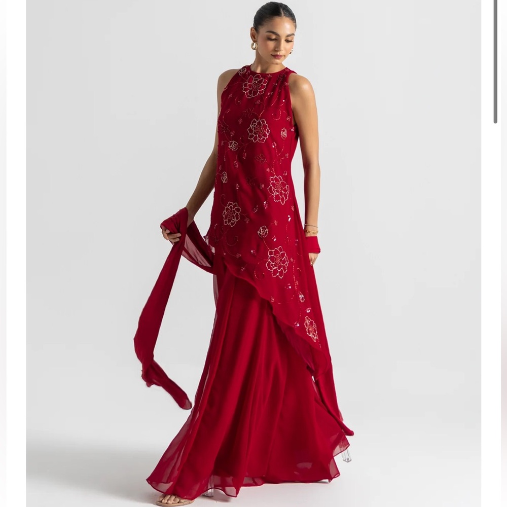 PRAMILA Red Asymmetric Sharara Set